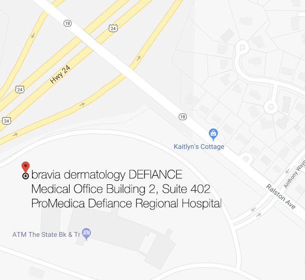 Bravia Dermatology Defiance is located on second floor at the ProMedica Defiance Hospital Medical Office Building 2