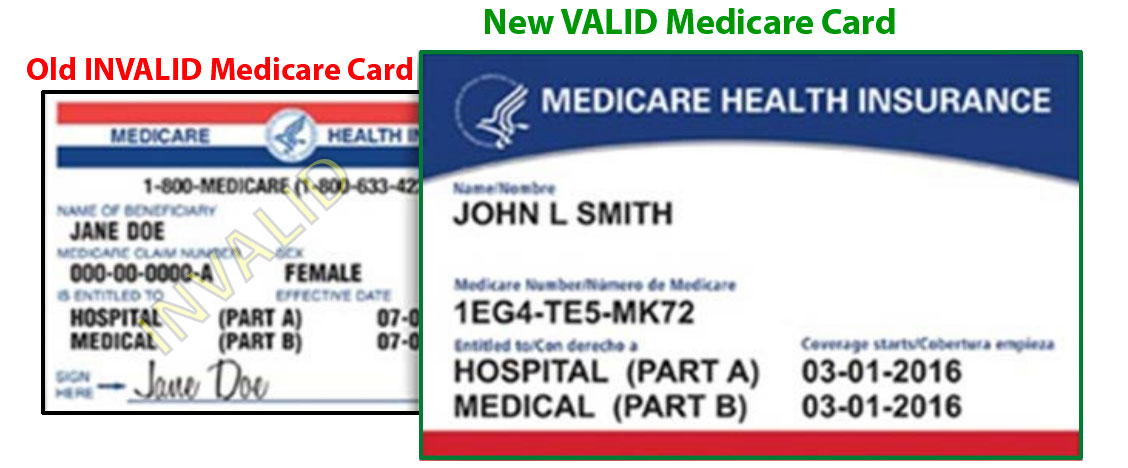 On left (partially covered in image), INVALID Medicare card has SSN on it.  The VALID Medicare card effective in 2020 will have an alphanumeric ID number.